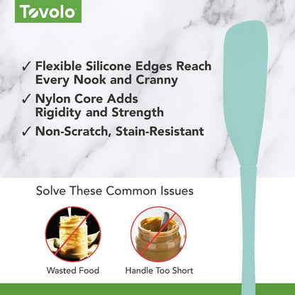 Tovolo Silicone Jar Spatula Long Handled Rubber Scraping Scooping Tool for Peanut Butter Jam Jelly Jars Blenders, Extra Long Flex Core Silicone Jar Scraper Dishwasher Safe BPA Free, Aqua Seafoam Green