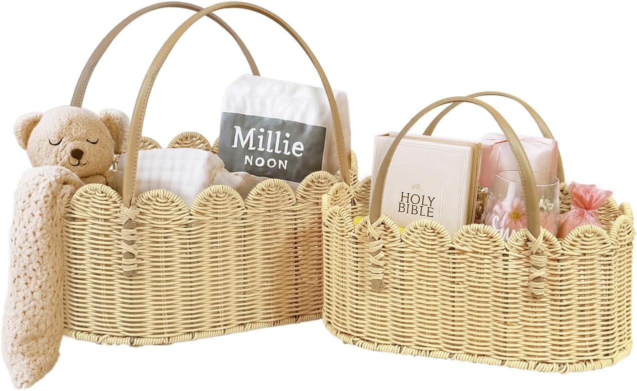 Rattan Picnic Basket with Handle, Wicker Picnic Basket with Scalloped Edge, Garden Harvest Basket, Woven Baskets for Vegetable & Fruit, 2 Pack