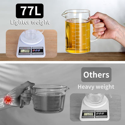 77L 3 Pack Glass Measuring Cup Set (1 1/4, 2 & 4 Cup) [Insulated handle, V-Shaped Spout], High Borosilicate Liquid Glass Measure Cup for Kitchen, Easy To Read, Dishwasher, Freezer, and Microwave Safe