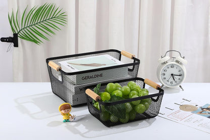 AJIODA Metal Mesh Steel Basket, Large Wire Storage Organizer Basket Multi-function Hanging Kitchen Baskets with Wood Handle for Kitchen Bathroom Picnic Home, Rectangle-Off White