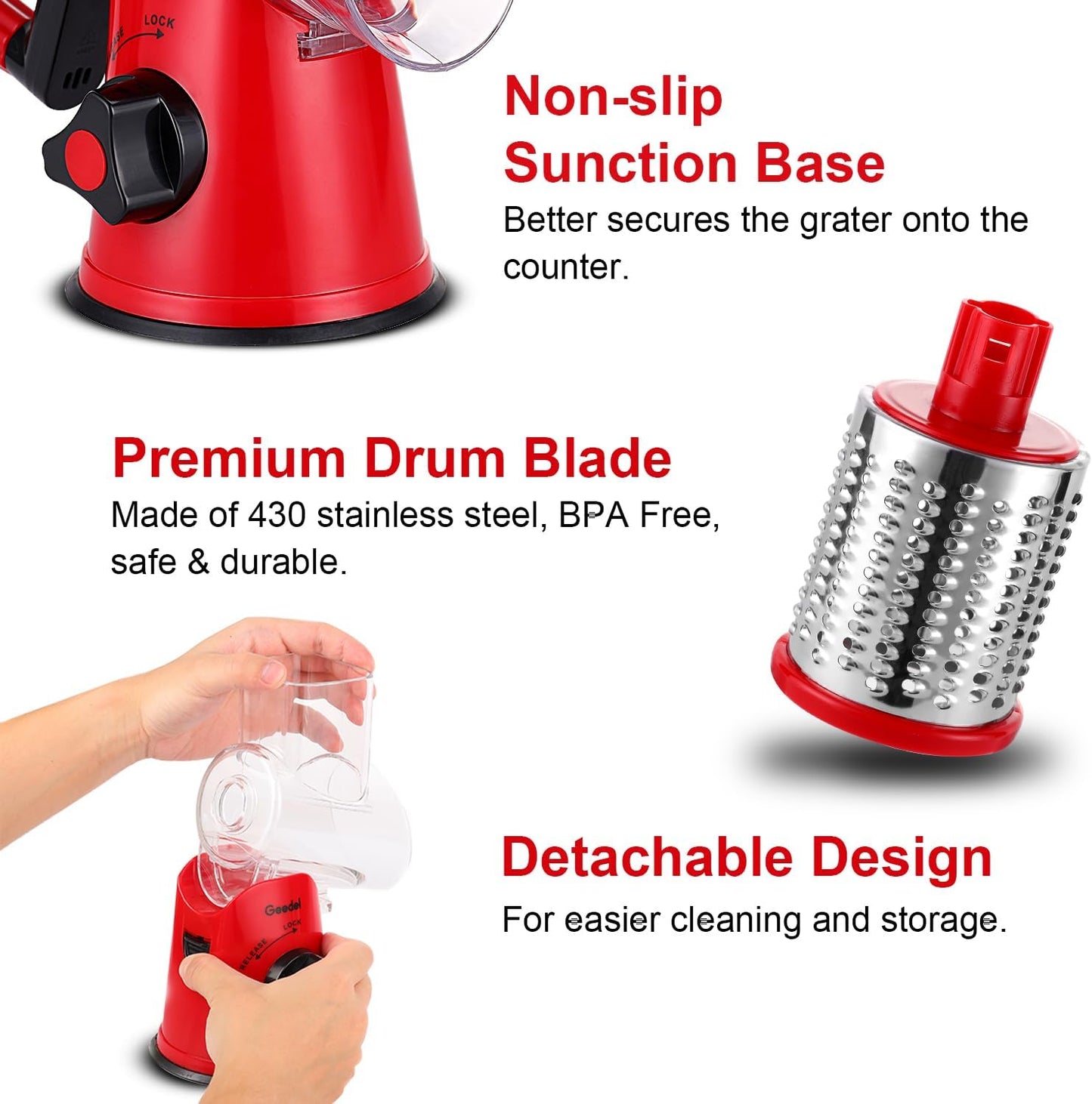 Geedel Rotary Cheese Grater, Kitchen Mandoline Vegetable Slicer with 3 Interchangeable Blades, Easy to Clean Rotary Grater Slicer for Cheese, Vegetables, Nuts