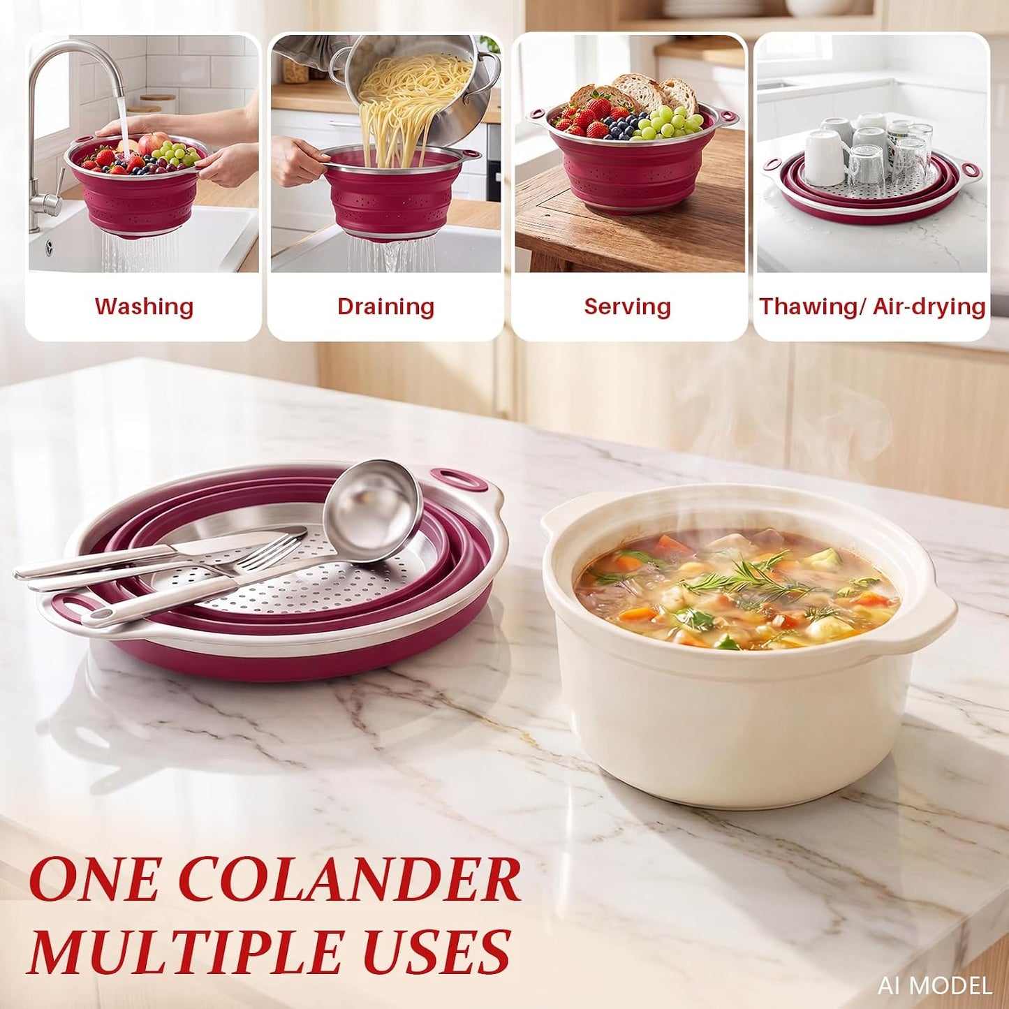 Collapsible Colander Set with Silicone Mat,2-in-1 Stainless Steel Colander for Kitchen, Foldable Metal Colander, Space-Saving for Pasta Veggies Fruit(NAVY BLUE)