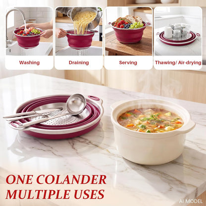Collapsible Colander Set with Silicone Mat,2-in-1 Stainless Steel Colander for Kitchen, Foldable Metal Colander, Space-Saving for Pasta Veggies Fruit(NAVY BLUE)