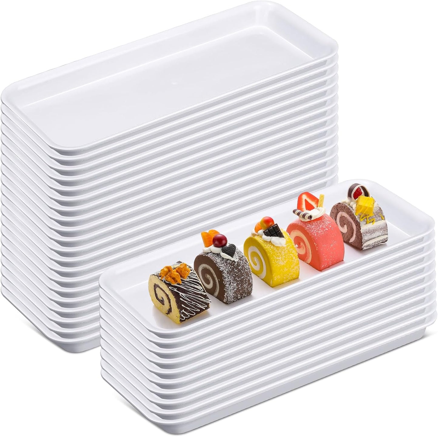 Ziliny 30 Pcs White Serving Platters 14 x 6 Inch Rectangle Serving Trays Reusable Food Tray Dishes Dessert Trays Plastic Plates for Wedding Home Table Thanksgiving Christmas Party