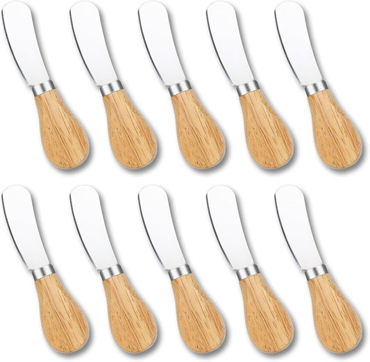 10 Pcs Cheese Spreader Knives, Mini Butter Spreader with Wooden Handle, Stainless Steel Cheese Knife Set for Charcuterie Board, Sandwich, Appetizers, Cocktail Spreading