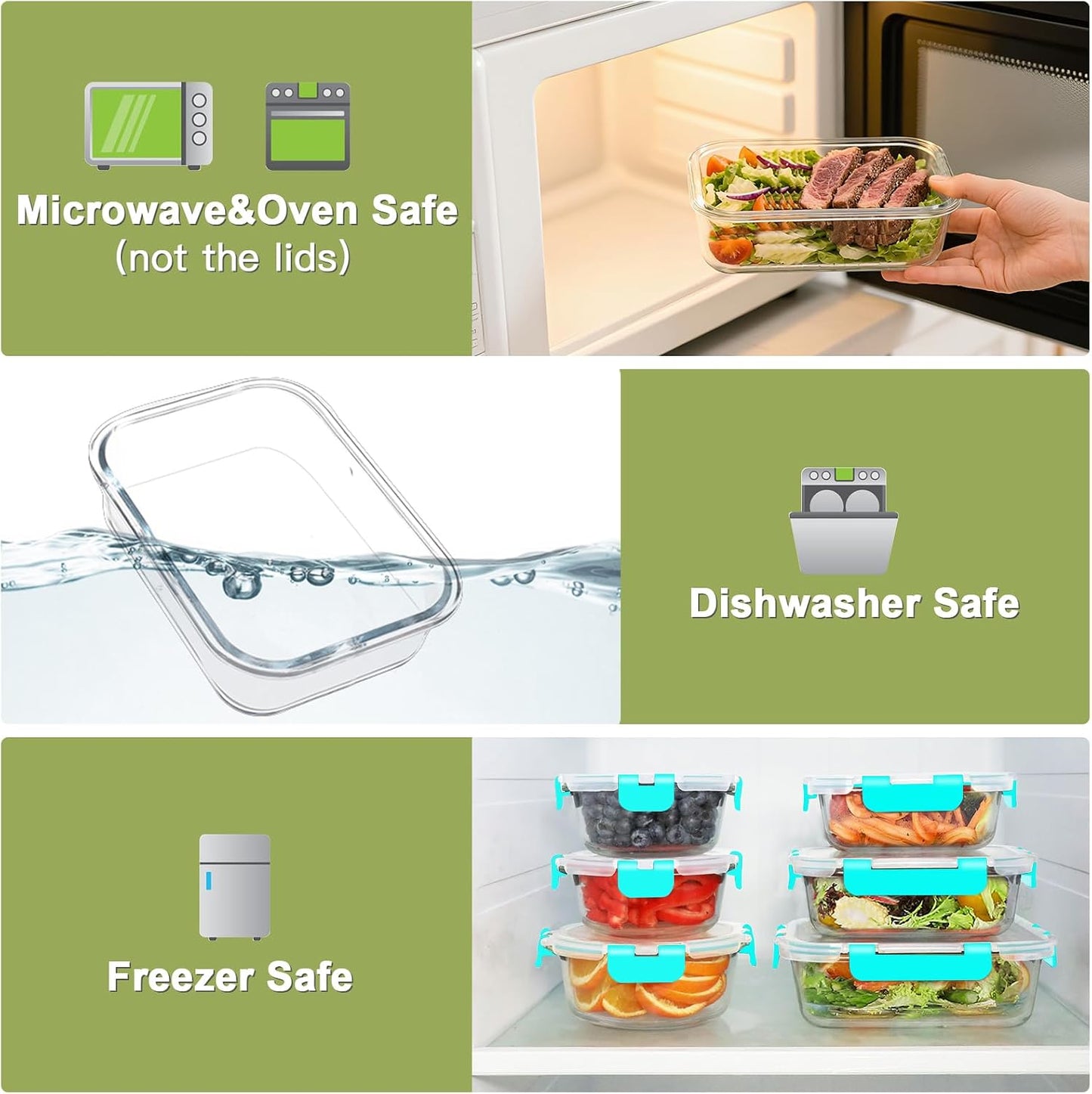 BAYZZ 24 Piece Glass Food Storage Containers with Lids, Airtight Glass Meal Prep Containers for Kitchen, BPA-Free Lunch Box, Microwave and Freezer Safe