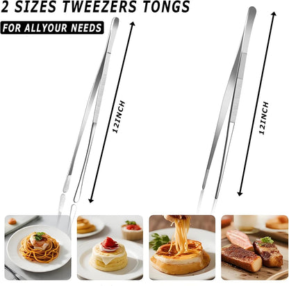 Pinovk 2 Pcs 12-Inch Kitchen Tweezers, Extra-Long Stainless Steel Cooking Tweezer Tongs for Plating, Roasting, Serving Food, Silver