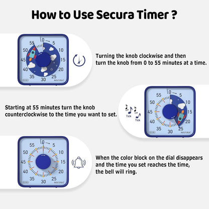 Secura 60-Minute Visual Countdown Timer, 7.5-Inch Oversize Classroom Visual Timer for Kids and Adults, Durable Mechanical Kitchen Timer Clock with Magnetic Backing (Blue)