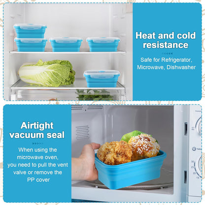 Mifoci Set of 8 Silicone Collapsible Bowls for Camping with Vent Lid Silicone Storage Containers for Food Meal Preparation Square Bowl Microwave Freezer Dishwasher Safe(Blue,17 Oz/ 500 ml)