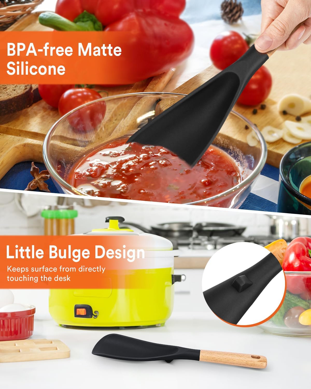 Cooking Spoon for Nonstick Cookwares, Great for Cooking and Serving Sturdy BPA-Free Matte Silicone, Wood Handle Spoon for Mixing, Scoop, and Scrape (Black & Grey, 11.4 inch)