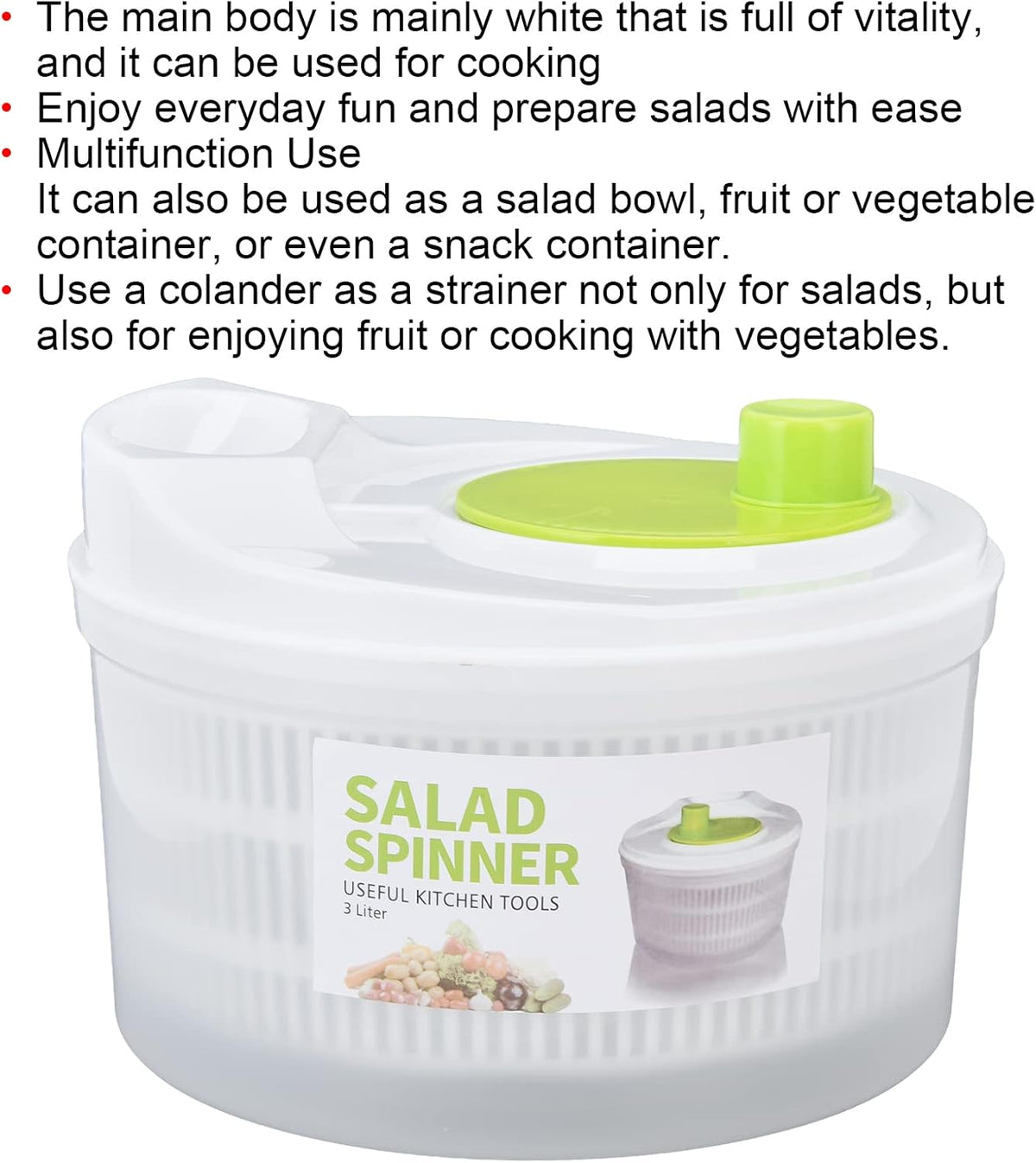 3L Salad Spinner,Fydun Versatile Lettuce Dryer with Colander & Bowl, for Berries, Fruits, and Veggies, White & Green