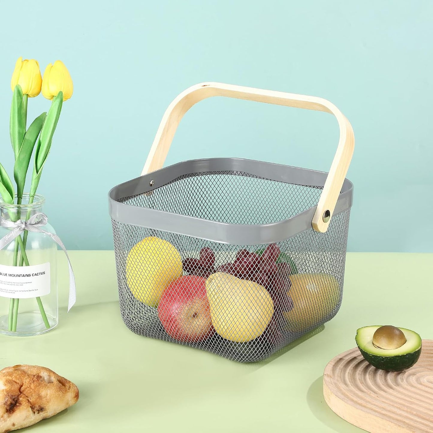AJIODA Metal Mesh Steel Basket, Storage Organizer Basket Multi-functional Hanging Kitchen Baskets Fruit Basket Bin with Bamboo Handle for Kitchen Bathroom Picnic Shopping Decor Cabinet Home, Blue
