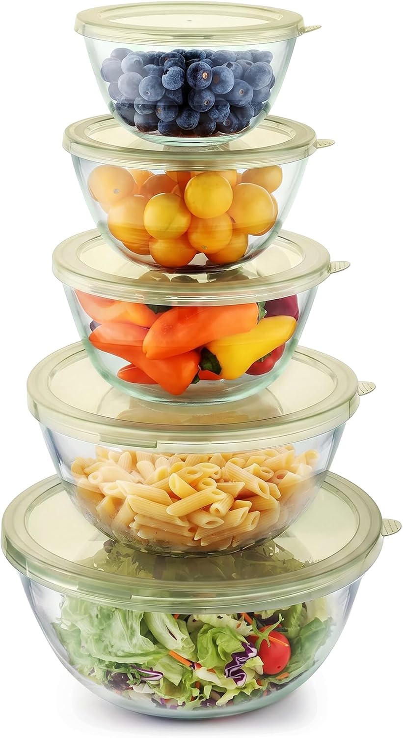 Cuiselect 5pc Glass Mixing Bowls with Lids Set (4.65QT, 2.80QT, 1.64QT, 1.16QT, 0.85QT), Nesting Salad Bowl, Large Glass Mixing Bowl for Cooking, Baking, Prepping-Dishwasher Microwave Freezer Safe