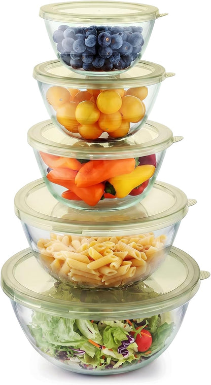Cuiselect 5pc Glass Mixing Bowls with Lids Set (4.65QT, 2.80QT, 1.64QT, 1.16QT, 0.85QT), Nesting Salad Bowl, Large Glass Mixing Bowl for Cooking, Baking, Prepping-Dishwasher Microwave Freezer Safe