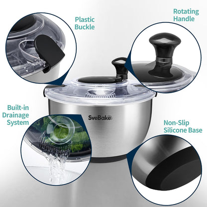 Stainless Steel Salad Spinner, 4.8 Qt Vegetable Washer, BPA-Free Lettuce Dryer with Crank Design, Dishwasher Safe, Non-Slip Base - Transparent Lid
