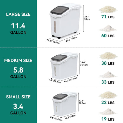 YITAHOME Ingredient Storage Bin, 20.6 Gal(11.4+5.8+3.4 Gal) Commercial Rice Flour Storage Container 500 Cups Storage Bins with Wheels Shelf-storage Bin with Scoop and Lid, Rice Bin for Kitchen, White