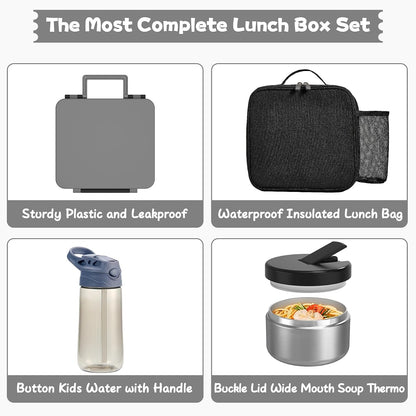 Kids Bento Lunch Box with 8oz Soup Thermo, Water Bottle, Kids Leakproof Lunch Food Containers with 4 Compartment, Insulated Hot Food Jar with Lunch Bag for School, Trvael (Black)