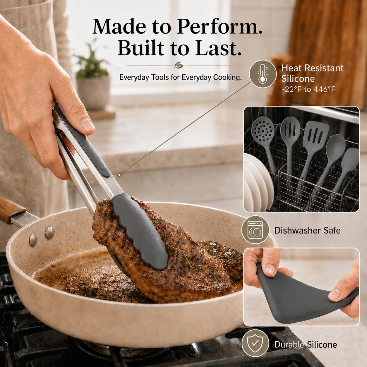 Silicone Cooking Utensil Set with Holder & Spoon Rest, -22°F to 446°F Heat Resistant Kitchen Utensils Set, Nonstick Cookware Safe Spatula Set, Spoon, Ladle, Tongs, Whisk, Pasta Server, Gray