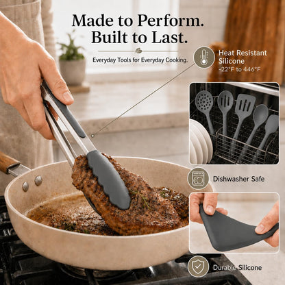 Silicone Cooking Utensil Set with Holder & Spoon Rest, -22°F to 446°F Heat Resistant Kitchen Utensils Set, Nonstick Cookware Safe Spatula Set, Spoon, Ladle, Tongs, Whisk, Pasta Server, Gray