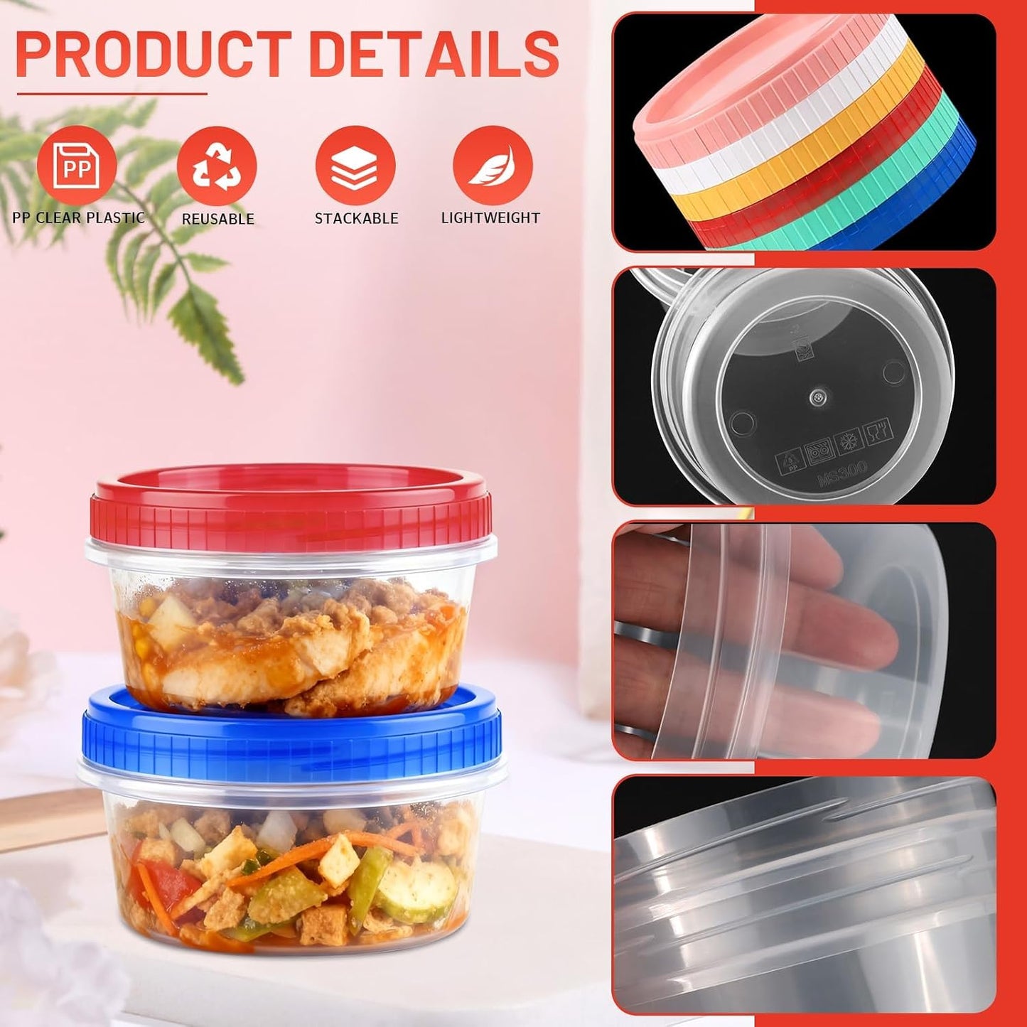 12 Pack Freezer Containers with Screw On Lids, 10oz Stackable Reusable Food Storage Container, Airtight Plastic Storage Containers with Twist Top Lids for Food Sauce Jello Soup