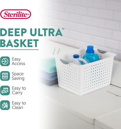 Sterilite 6-Pack Medium Ultra Basket, Open Top Plastic Storage Organizer, White - Classic Baskets for Organizing Countertops, Pantry Shelves, Kitchen Cabinets, Laundry Rooms or Home Offices