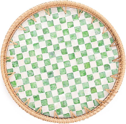 Round Rattan Tray with Mother of Pearl Inlay, Rattan Serving Tray for Coffee, Bread, Fruits, Decorative Wicker Tray for Table Decor, Home Decor, Kitchen Island Decor(Black Checkerboard, 11.8")
