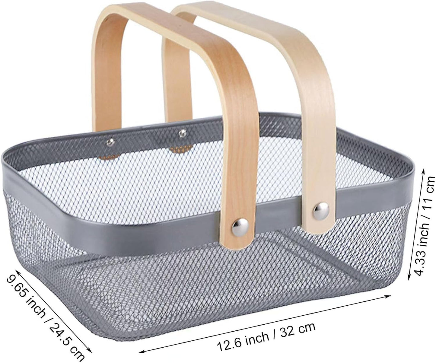 AJIODA Metal Mesh Steel Basket, Storage Organizer Basket Garden Harvest Basket Multi-functional Kitchen Fruit Baskets Bin with Wooden Handle for Bathroom Picnic Shopping Decor Cabinet Home, Pink