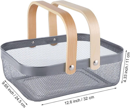 AJIODA Metal Mesh Steel Basket, Storage Organizer Basket Garden Harvest Basket Multi-functional Kitchen Fruit Baskets Bin with Wooden Handle for Bathroom Picnic Shopping Decor Cabinet Home, Pink