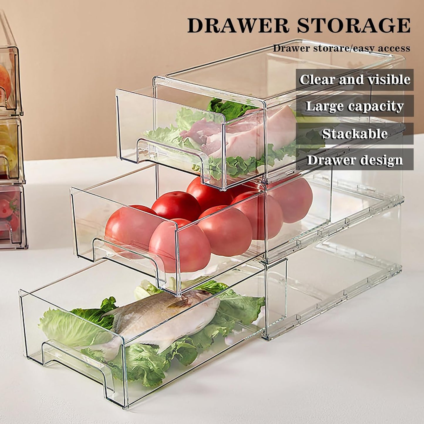 MANO 2Pack Clear Fridge Drawers Pull Out Stackable Refrigerator Drawer Organizer Bins Pantry Storage Box Plastic Food Containers for Kitchen Bathroom Office Closet(X-Small)