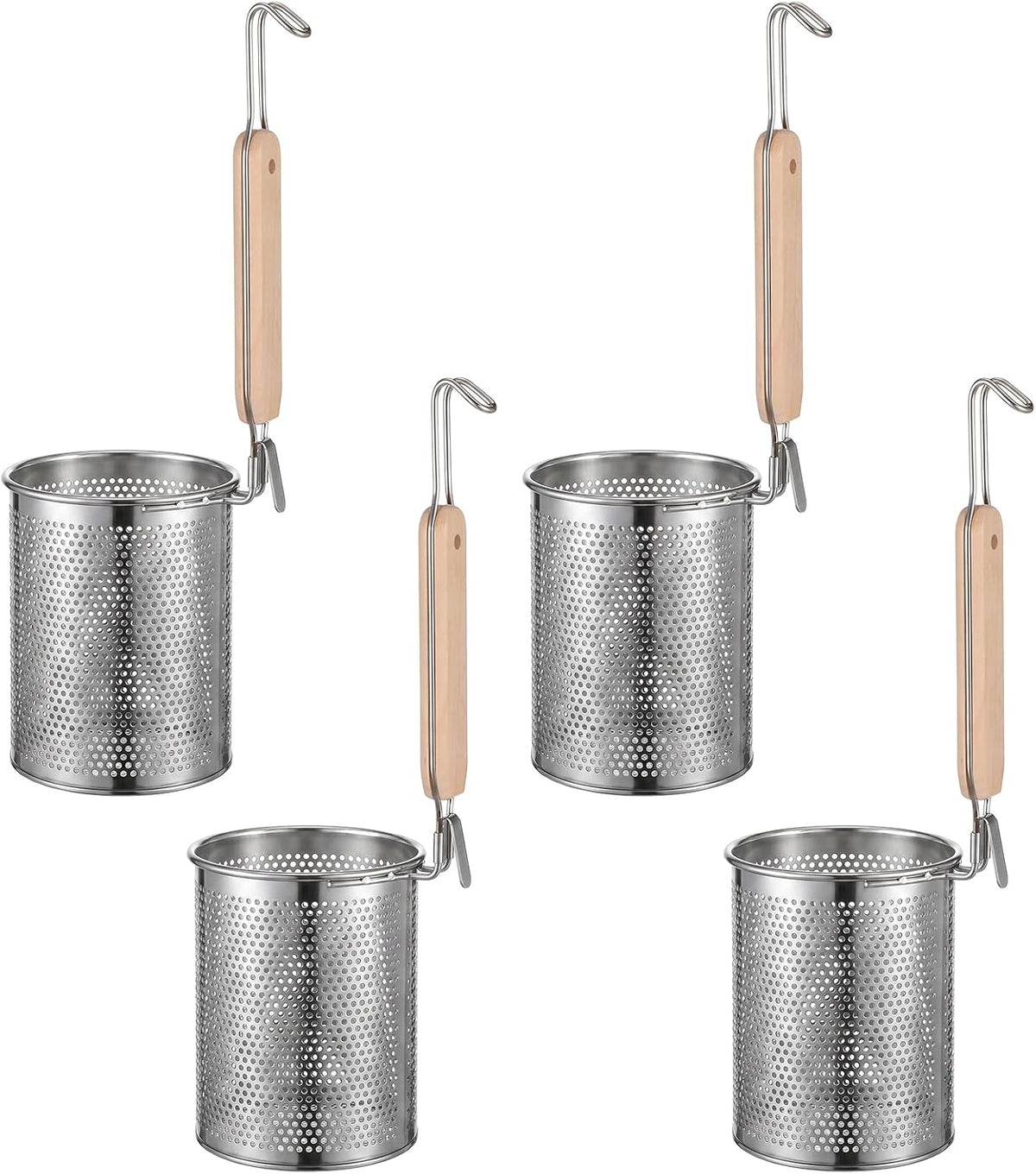 4 Pcs Stainless Steel Pasta Strainer Basket, Metal Noodle Strainer Basket with Wooden Handle, Pasta Baskets for Cooking, Boiling, Draining, Deep Mesh Sieve for Spaghetti, Dumplings, Vegetables