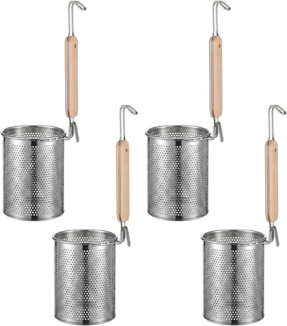 4 Pcs Stainless Steel Pasta Strainer Basket, Metal Noodle Strainer Basket with Wooden Handle, Pasta Baskets for Cooking, Boiling, Draining, Deep Mesh Sieve for Spaghetti, Dumplings, Vegetables