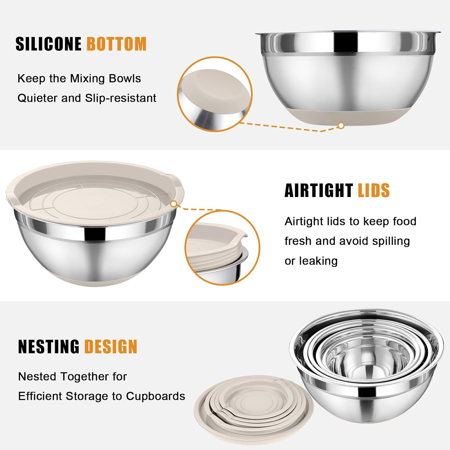 P&P CHEF Mixing Bowl with Lid Set, 5 Piece Stainless Steel Mixing Nesting Bowls for Salad Storage, 3 Grater Attachments & Non-Slip Bottoms, Size 1/1.5/2 / 2.6/4.6 QT, Black