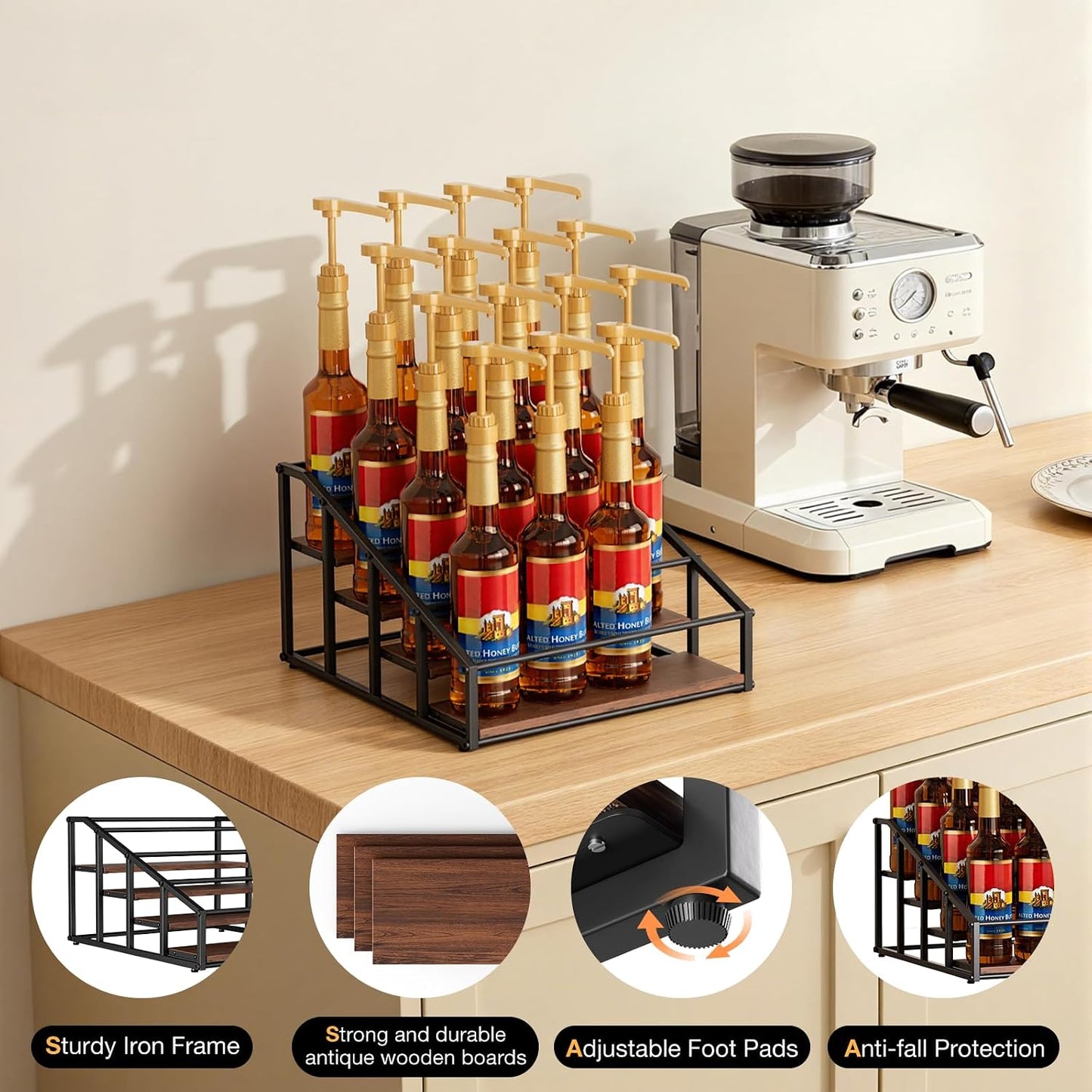 kimilus Coffee Syrup Organizer Rack, Liquor Bottle Display Shelf, 2 Tier 10 Syrup Bottles Holder Stand for Coffee Bar Kitchen Small Wine Rack for Family Storage for Syrup Wine Dressing