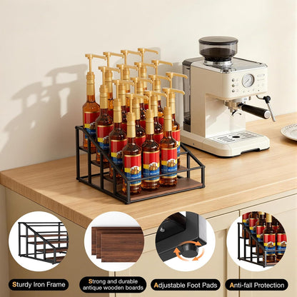 kimilus Coffee Syrup Organizer Rack, Liquor Bottle Display Shelf, 2 Tier 10 Syrup Bottles Holder Stand for Coffee Bar Kitchen Small Wine Rack for Family Storage for Syrup Wine Dressing