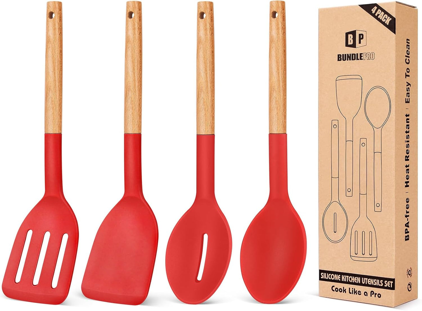 Pack of 4 Silicone Cooking Utensils Set, Non Stick Solid Spatulas and Heat Resistant Slotted Spoons with Wooden Handle, Ideal Wood Kitchen Utensils Set for Frying,Serving,Turning,Stirring (KHAKI)