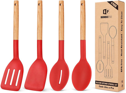 Pack of 4 Silicone Cooking Utensils Set, Non Stick Solid Spatulas and Heat Resistant Slotted Spoons with Wooden Handle, Ideal Wood Kitchen Utensils Set for Frying,Serving,Turning,Stirring (KHAKI)