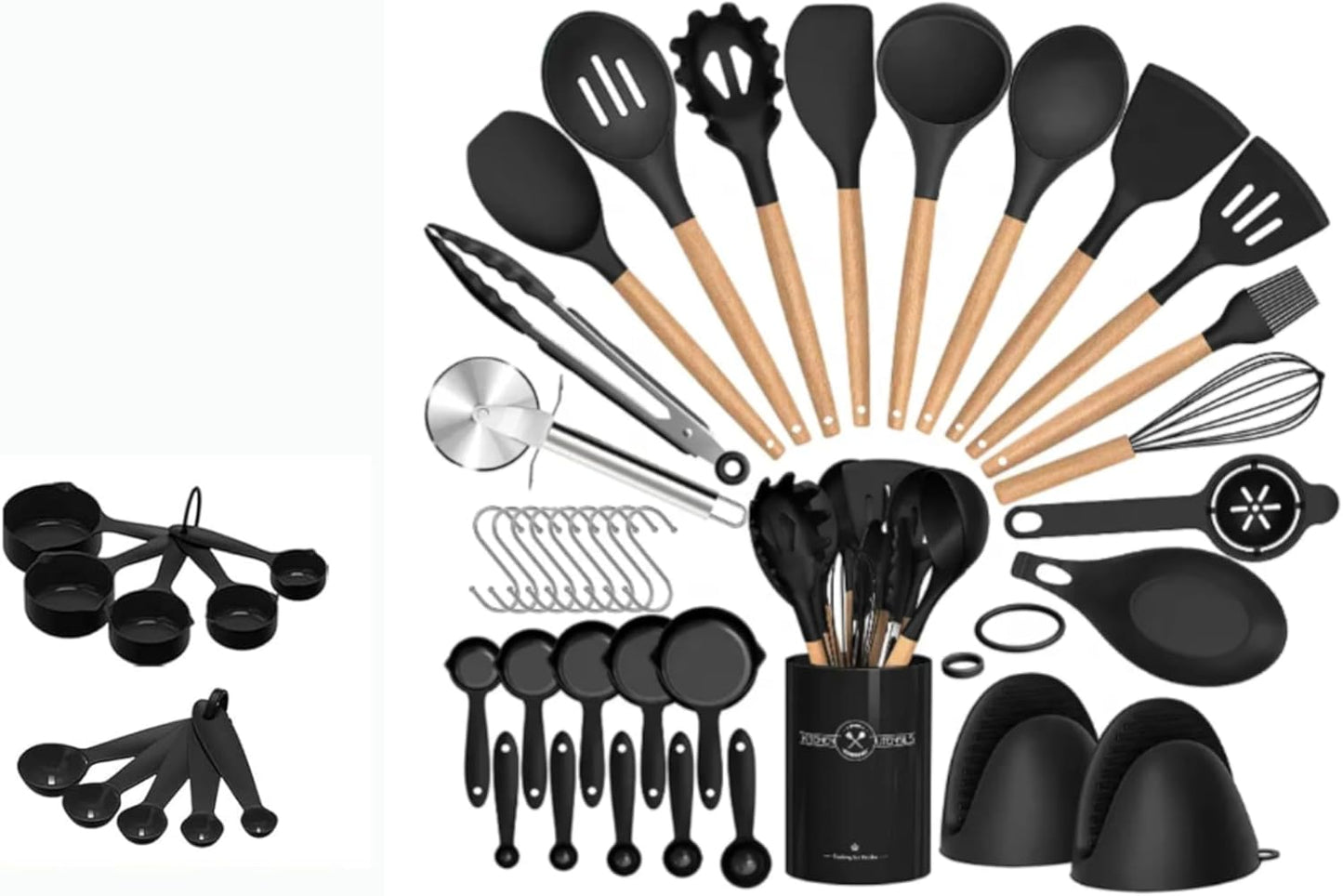 36 pcs Silicone Kitchen Cooking Utensils with Holder, Heat Resistant Cooking Sets Wooden Handle, Nonstick Kitchen Gadgets Tools Include Spatula Spoons Turner Pizza Cutter(Black) for Gift, K Trends