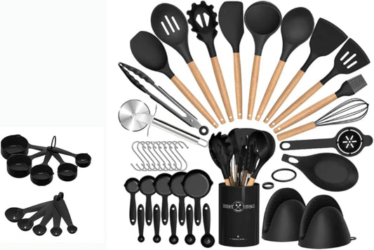 36 pcs Silicone Kitchen Cooking Utensils with Holder, Heat Resistant Cooking Sets Wooden Handle, Nonstick Kitchen Gadgets Tools Include Spatula Spoons Turner Pizza Cutter(Black) for Gift, K Trends