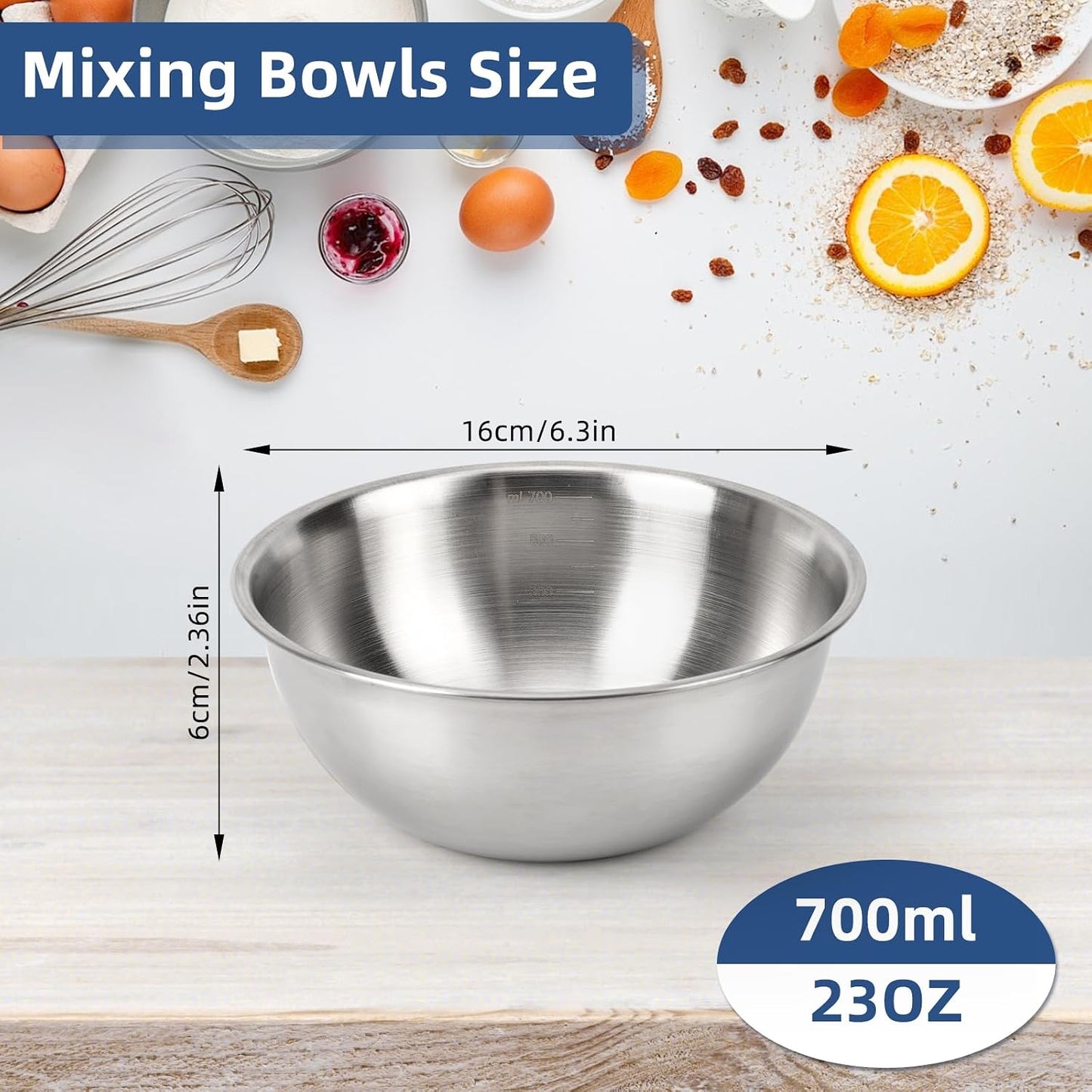 3-Piece Stainless Steel Mixing Bowls (7.1") Metal Bowl Set with Measurement Marks, Dishwasher Safe & Stackable - Perfect for Baking, Salad Making, Meal Prep and Kitchen Use