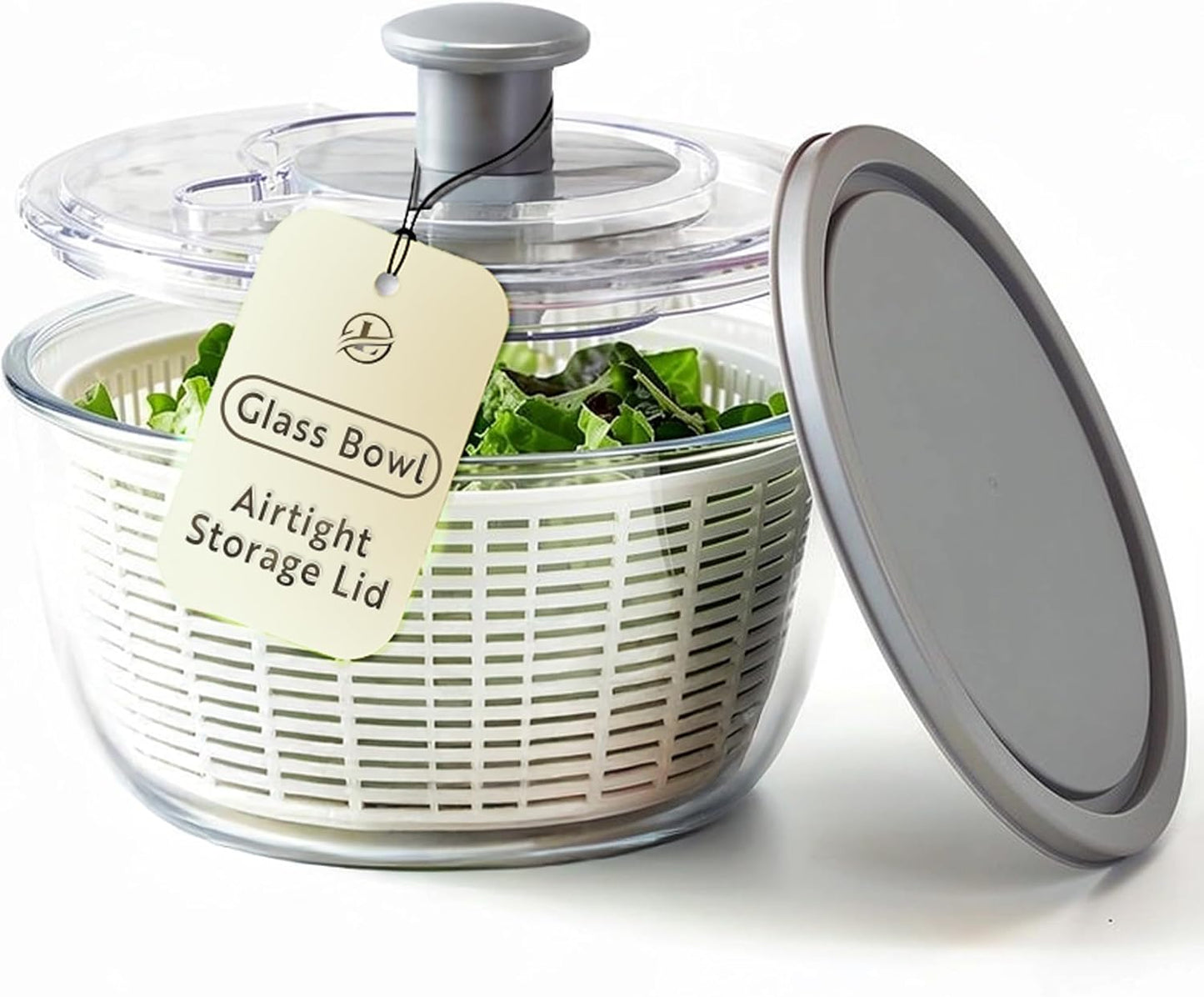 Le'raze Glass Salad Spinner with Airtight Lid - BPA-Free - Easy Pump Lettuce Spinner Washer | Fruit Washing Bowl with Strainer | Vegetable Cleaner | Large Capacity Borosilicate Glass, 6.22 Quart