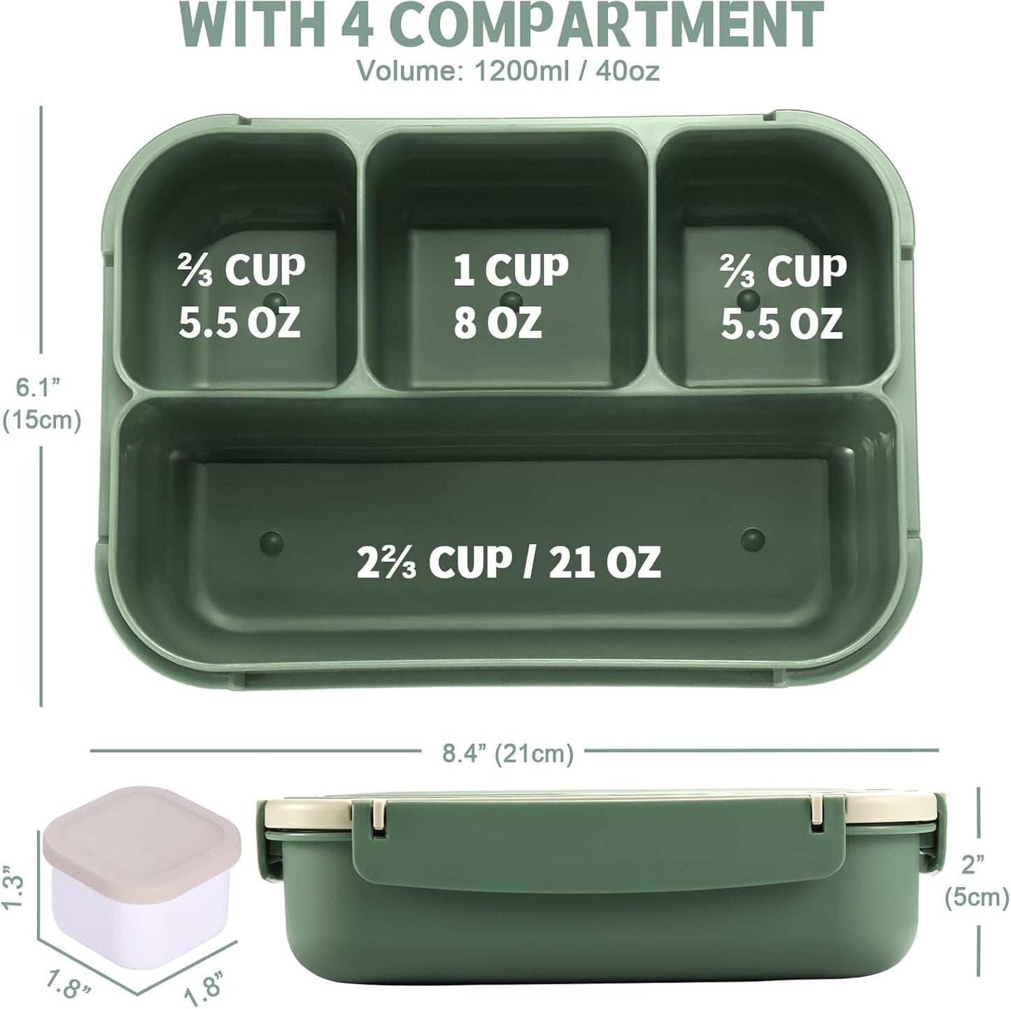 Bento Box Adult Lunch Box, Lunch Containers for Kids Girls Boys with 4 Compartments, Lunchable Food Container with Utensils, Sauce Jar, Muffin Liners, 40 Oz/5 Cup, Microwave Safe, Lavender