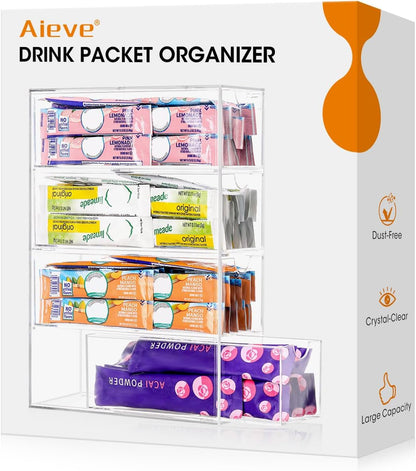 AIEVE Extra Large Drink Packet Organizer, 360° Lazy Susan Rotating Turntable for Larger Powder Drink Mix, Hydration Packets Acrylic Pantry Organizers for Kitchen Storage Organization