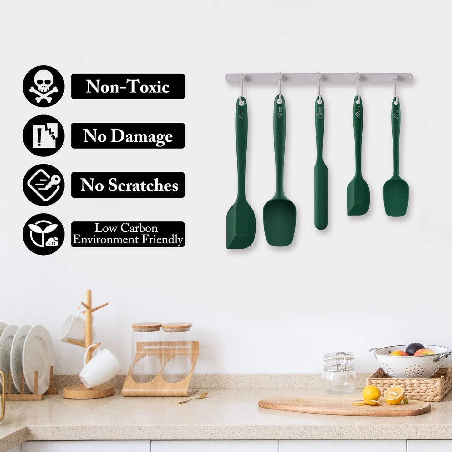 HOTEC Heat Resistant 600℉ Food Grade Silicone Rubber Spatula Set for Baking, Cooking, and Mixing Non Stick Dishwasher Safe BPA-Free Multicolor Set of 5