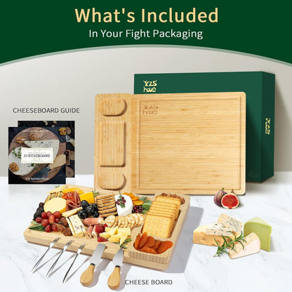 Premium Bamboo Charcuterie Board Set with Hidden Drawer & 4 Cheese Knives - 13x13 Large Cheese Board Serving Tray - Unique Housewarming Gifts for New Home, Wedding & Bridal Shower Gifts for Couples