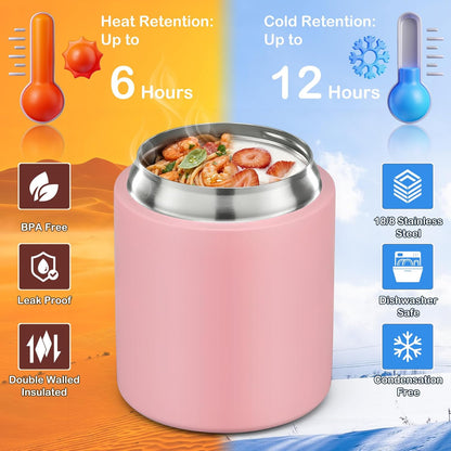 2 - in - 1 Soup Thermo for Hot Food 14oz with Snack Box Container Leak Proof Insulated Lunch Container Kids and Adults Stainless Steel Double Wall Vacuum Wide-mouth Thermal with Spoon and Handle