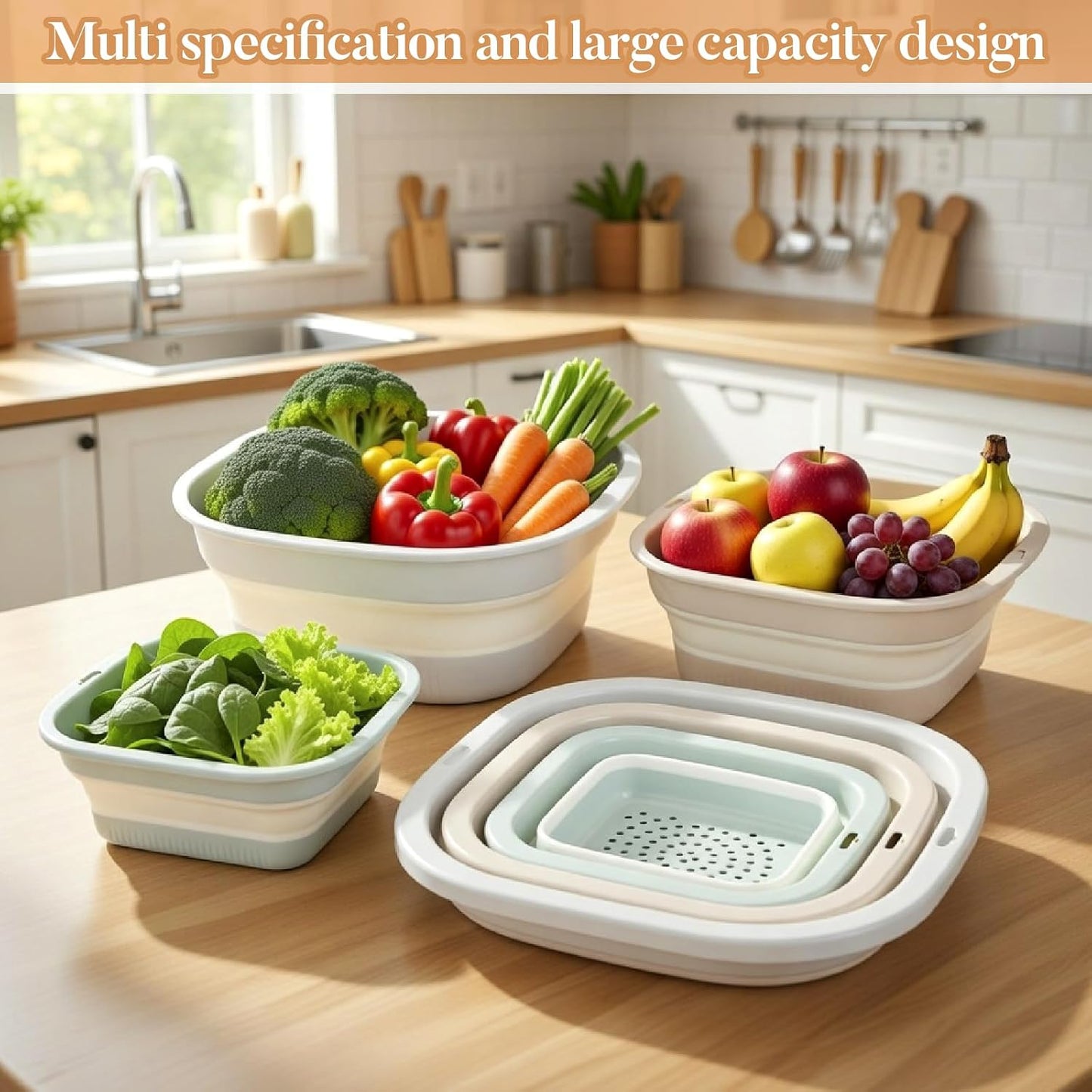 3 Set Collapsible Colander and Sink Basin 2-4-8 Qt Dish Pan and Strainer Set with Drain Holes 2-in-1 Foldable Fruit Vegetable Washing Basket for Kitchen Camping Travel (Green, Pink, Gray)