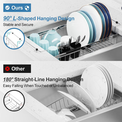 GSlife Expandable Over the Sink Dish Drying Rack with Cup Holder - Stainless Steel Dish Drainer with Locking Knob, Size Adjustable Dryer Strainer for Kitchen, Fit Sink 10.8"-17.9" L, Silver