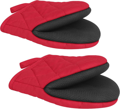 1 Pair Short Oven Mitts - Silicone Kitchen Oven Gloves High Heat Resistant 500℉, Mini Oven Mits with Non-Slip Grip Surfaces and Hanging Loop for BBQ, Baking, Cooking and Grilling (Black)