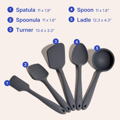 GIR 5-Piece Silicone Kitchen Utensils Set, Non-Toxic Cooking Utensils for Cooking and Baking, Heat Resistant, Food Grade, Dishwasher Safe Rubber Spatula, Ladle, Spoon - Charcoal