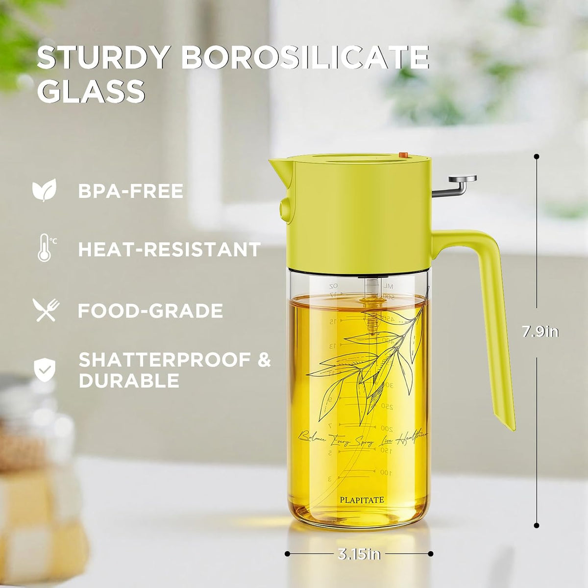 PLAPITATE 17oz/500ml Premium Olive Oil Sprayer for Cooking, 2 in 1 Glass Olive Oil Dispenser Bottle for Kitchen Gadgets, Spray Bottle with Portion Control for Salad, Frying, BBQ (Black)